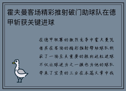 霍夫曼客场精彩推射破门助球队在德甲斩获关键进球